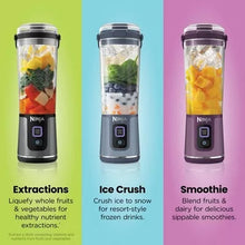 Portable blender with clear jar showing fruit and blend settings illustrations