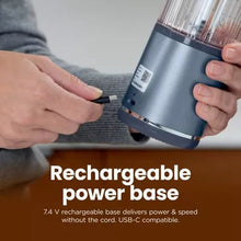 Rechargeable portable blender base in silver with dark blue lower housing
