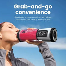 Grab-and-go cordless blender with clear cup, person drinking from pink base