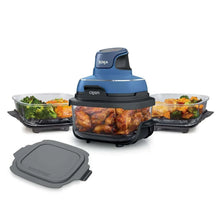 Portable air fryer with blue control pod, glass cook basket, and snap-on lids