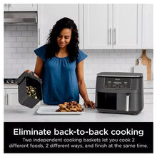 Dual-basket air fryer with an open basket for separate cooking, black finish