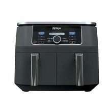 Dual-basket air fryer with digital control panel and two metal fryer baskets, black