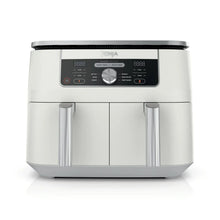 White dual-basket air fryer with front control panel and two pull-out handles