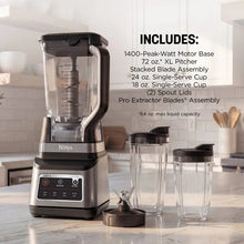 Countertop blender with clear 72 oz XL pitcher, stacked blade assembly, and cups