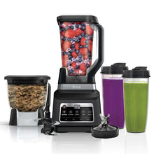 Kitchen blender and food processor set with black base, clear pitcher, and two cups