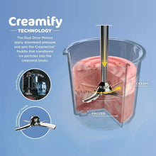 Frozen mixing container with paddle and pink ice cream base in a clear lid