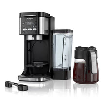 DualBrew coffee maker with pod brewer and carafe, stainless and black front view