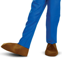 Mario costume blue pants with brown boot covers, close-up