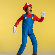 Mario child deluxe costume with red hat, blue overalls, and white gloves