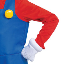 Blue overalls and red sleeve with white glove, close-up