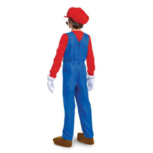 Mario child deluxe costume, back view with red sleeves and blue overalls