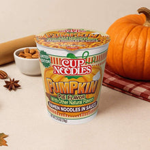 Nissin Cup Noodles Pumpkin Pie Flavor cup with lid, orange and green graphics