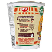 Nissin Cup Noodles cup back panel with microwave directions and Nissin logo