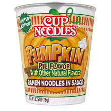 Nissin Cup Noodles Pumpkin Pie Flavor ramen noodles in sauce cup with orange label