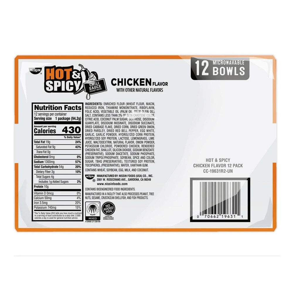 Nissin Hot and Spicy Chicken Bowl, 3.32 oz., 12 pk. - USA MEGA SHOP