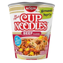 Microwaveable paper cup ramen noodles, beef flavor, Nissin