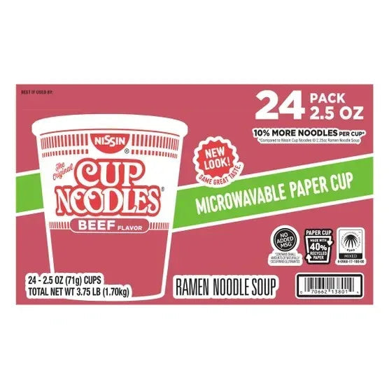 Nissin Cup Noodles, Beef, 2.5 oz, 24-count