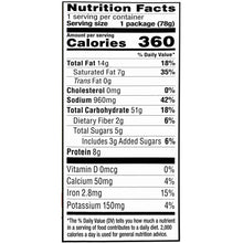 Cup Noodles nutrition facts panel showing calories 360 per serving (78g)