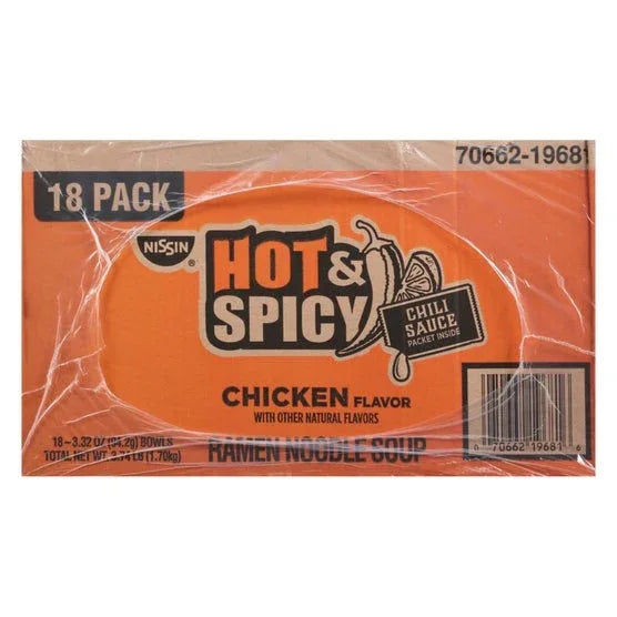 Nissin, Hot & Spicy Noodle Bowl, Chicken, 3.32 oz, 18-Count