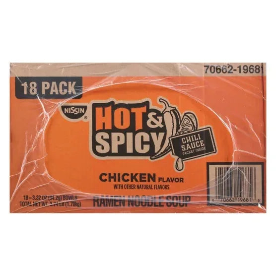 Nissin, Hot & Spicy Noodle Bowl, Chicken, 3.32 oz, 18-Count