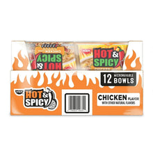 12-pack Hot & Spicy chicken ramen bowls, orange carton with flame icons