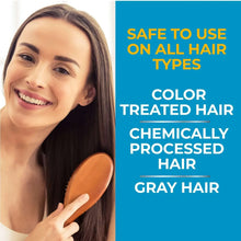 Nizoral anti-dandruff shampoo use on hair graphic with woman holding a brush