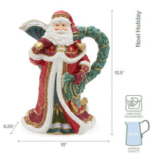 Santa holiday pitcher on white background with size measurements and hand-wash icon