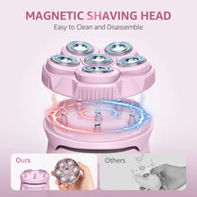 Pink electric razor shaving head with magnetic snap design and glowing blades