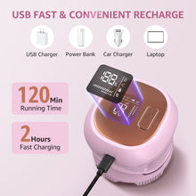 Pink electric razor on charging stand with USB cable and illuminated display