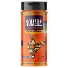 Spice blend jar: tikka masala, orange label, black cap, front view