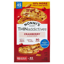 Nonni's THINaddictives cranberry almond crisps box, front view with 15 packs