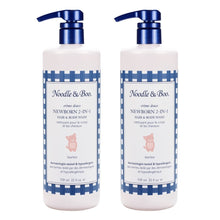 Noodle & Boo newborn 2-in-1 hair and body wash, two white bottles with blue pumps