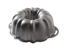 Formed aluminum bundt cake pan with ridged interior and side handles, dark nonstick
