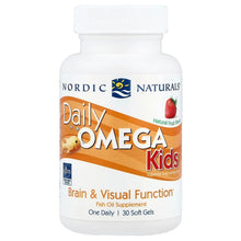 Daily Omega Kids soft gel bottle, strawberry fruit flavor, front label view