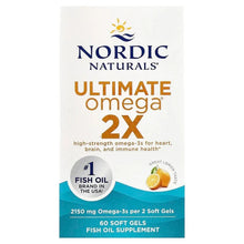 Ultimate Omega 2X fish oil supplement box, lemon, 60 soft gels.