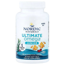 Fish oil supplement bottle with white cap; Nordic Naturals Ultimate Omega Junior label