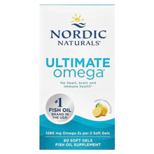 Omega soft gels fish oil supplement box with Nordic Naturals branding and lemon graphic.