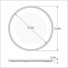 Perforated round pizza pan diagram: 16.0 in diameter, 0.7 in height, 15.2 in bake area