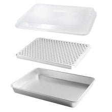 Three-piece roasting set with clear lid, perforated crisping insert, and aluminum base pan