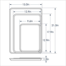 Stacked non-stick baking sheet dimension diagram with labeled measurements
