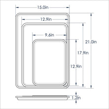 Stacked non-stick baking sheet set line diagram with size measurements