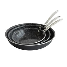 Three-piece nonstick skillet set with speckled basalt ceramic coating and metal handles