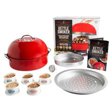 Red kettle smoker kit with lid, cooking pan, and woodchip jars