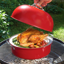 Red kettle smoker grill with domed lid, handles, and cooking grate