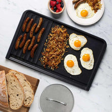 Dual-top grill griddle with grill press, black cooking surface with ridged section