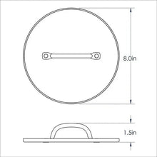 Grill press size diagram, round press and handle outline with inches