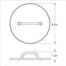 Grill press lid size diagram with circular shape and side handle grips