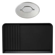 Black dual grill griddle plate with ridged side and circular grill press lid