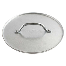 Metal round grill press lid with U-shaped handle and embossed center text