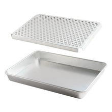 Two-piece oven crisping pan set with perforated rack and solid drip tray
